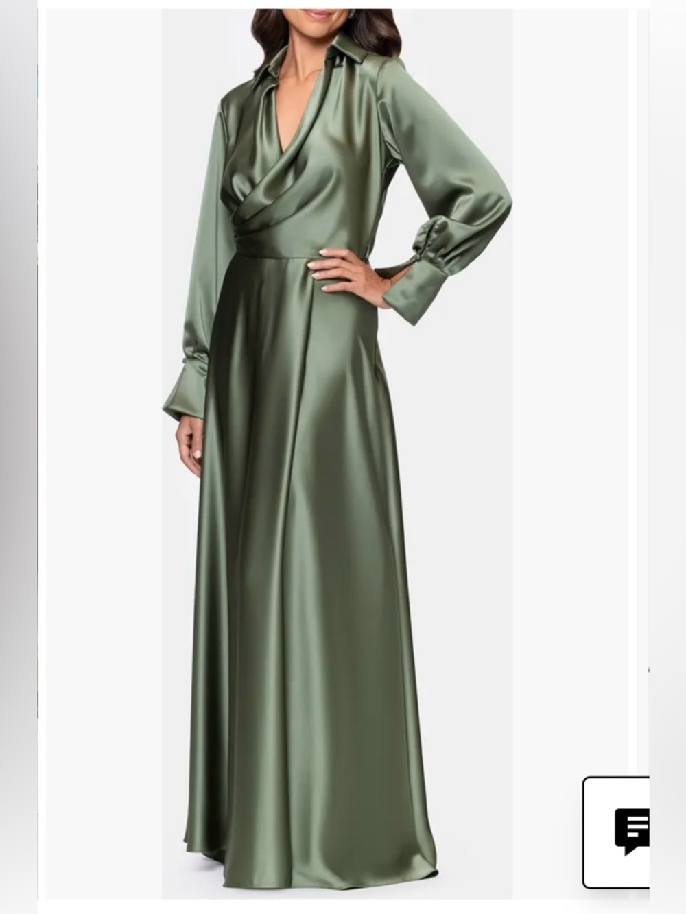 Xscape Olive Green Satin Spread Collar Long Sleeve Gown - NWT - Size 4 - Picture 3 of 14